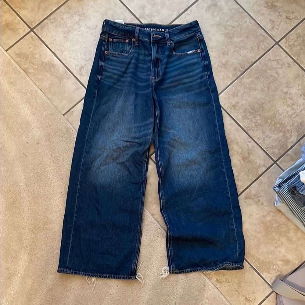 American Eagle Outfitters Dark Blue Wide Leg Cropped Jeans